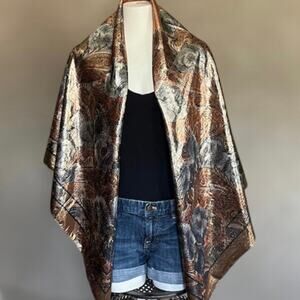 Chance Encounters Italy Shimmery Metallic Gold Gray Floral Print Square Shawl